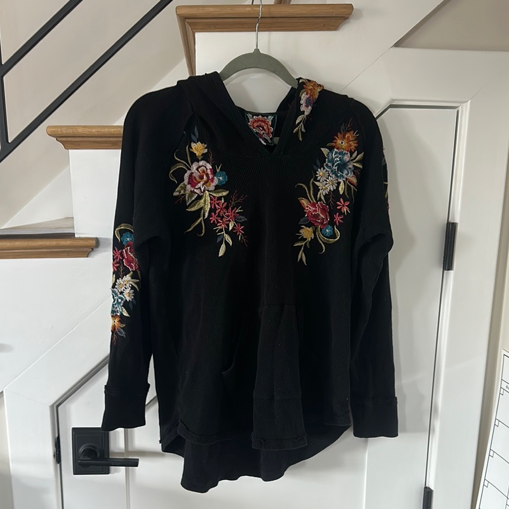 Floral Embroidered Black Hoodie